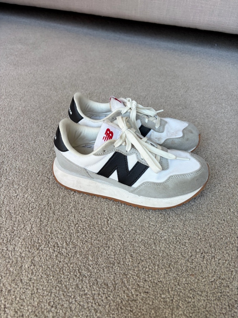 Boys size 3.5 New Balance 327 White Gray Black Casual Sneakers